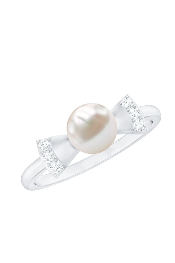 Freshwater Pearl Solitaire Ring with Diamond, Cute Bow Tie Ring - 6 mm, 925 Sterling Silver, US 3.50
