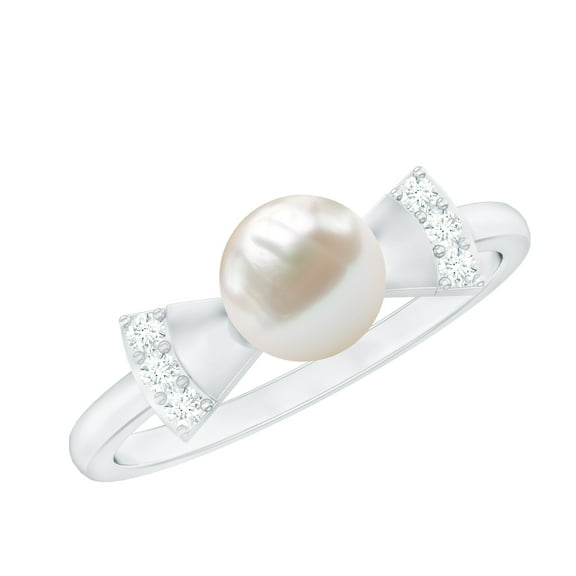 Rosec Jewels Freshwater Pearl Solitaire Ring with Diamond, Cute Bow Tie Ring - 6 mm, 925 Sterling Silver, US 9.50