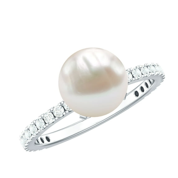 Rosec Jewels Genuine Freshwater Pearl Diamond Engagement Ring 7 Carat - 8 mm Pearl Solitaire Ring for Women - AAA Quality, 14K White Gold, US 5.00