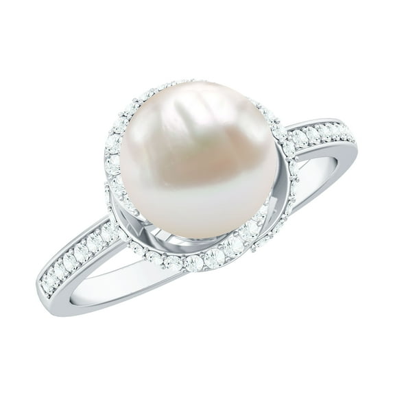 Rosec Jewels Freshwater Pearl Solitaire Ring with Diamond Side Stones (8 mm, 8 Carat), 18K White Gold, US 11.50