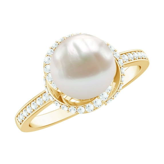 Rosec Jewels Freshwater Pearl Solitaire Ring with Diamond Side Stones (8 mm, 8 Carat), 18K Yellow Gold, US 5.00