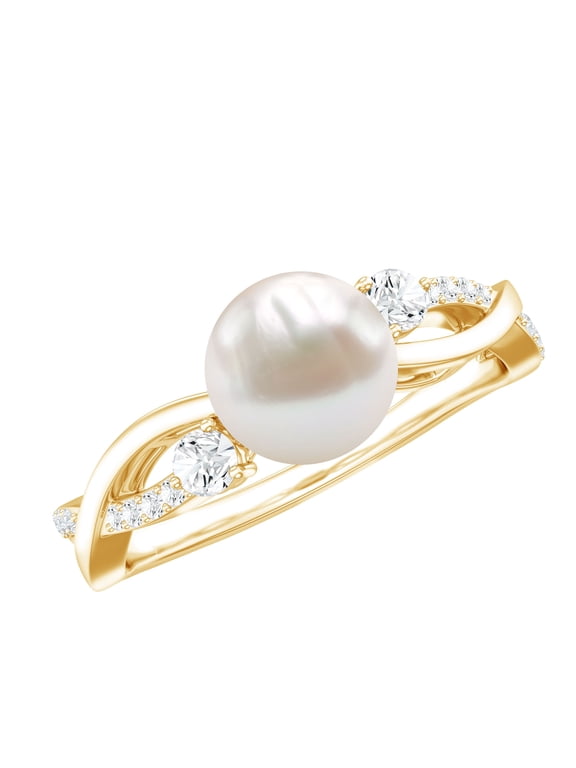 Cultured Freshwater Pearl Engagement Ring with Diamond - Crossover Ring for Women (7.48 Carat Pearl, AAA Quality), 14K Yellow Gold, US 9.00