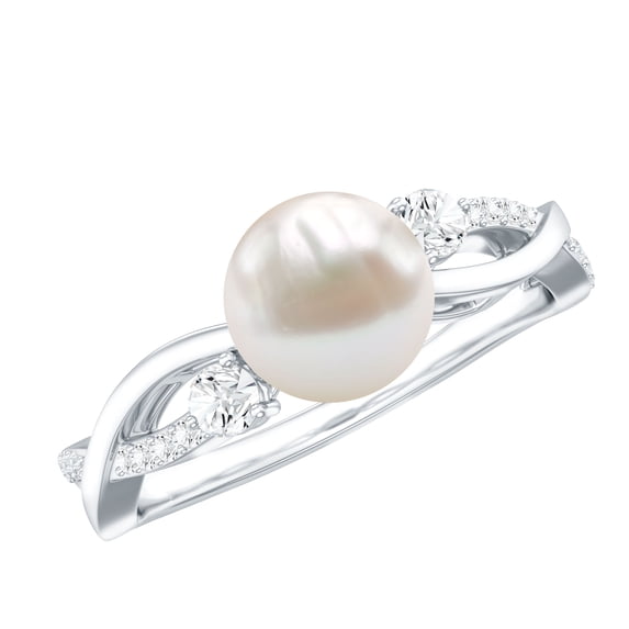 Rosec Jewels Cultured Freshwater Pearl Engagement Ring with Diamond - Crossover Ring for Women (7.48 Carat Pearl, AAA Quality), 925 Sterling Silver, US 4.00