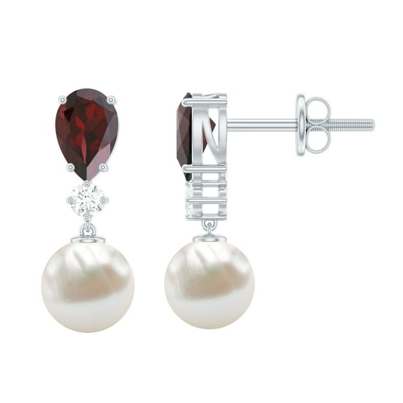 Rosec Jewels Garnet and Freshwater Pearl Drop Earrings with Moissanite (AAA Quality), 10K White Gold