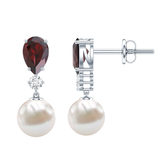 Rosec Jewels Garnet and Freshwater Pearl Drop Earrings with Moissanite (AAA Quality), 10K White Gold