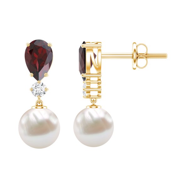 Rosec Jewels Garnet and Freshwater Pearl Drop Earrings with Moissanite (AAA Quality), 14K Yellow Gold