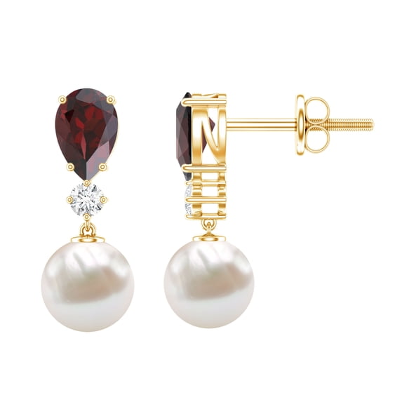 Rosec Jewels Freshwater Pearl Drop Earrings - AAA Quality - Pearl Garnet Earrings with Moissanite - Jewelry Box Included, 18K Yellow Gold