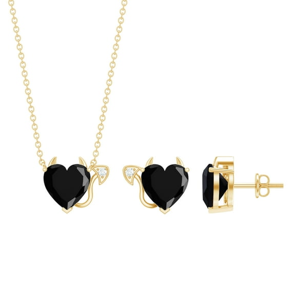 Rosec Jewels Gothic Heart Jewelry Set with Lab Grown Black Diamond and Moissanite (8 mm), 18K Yellow Gold
