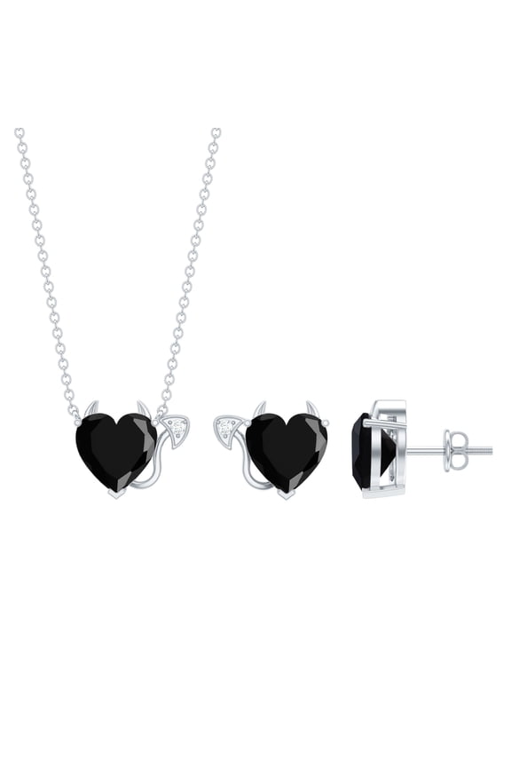 Lab Grown Black Diamond Devil Heart Pendant and Earring Set - AAAA Quality - Black and White Diamond Jewelry Set, 925 Sterling Silver