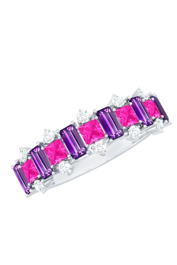 Certified Lab Grown Pink Sapphire and Amethyst Half Eternity Ring with Diamond - Ready to Gift for Anniversary, 925 Sterling Silver, US 4.00