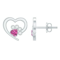 Rosec Jewels Heart Paw Stud Earrings with Pink Tourmaline and Diamond for Women, 925 Sterling Silver