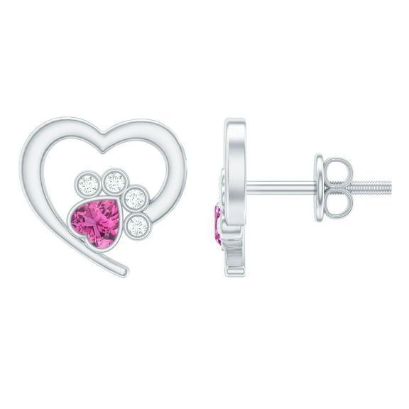 Rosec Jewels Heart Paw Stud Earrings with Pink Tourmaline and Diamond for Women, 925 Sterling Silver