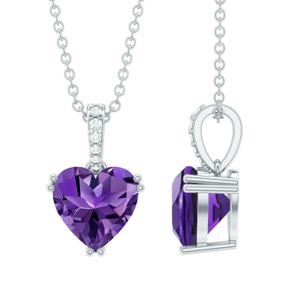 Rosec Jewels Heart Shape Amethyst Solitaire Pendant with Diamond for Women (6 mm), 925 Sterling Silver