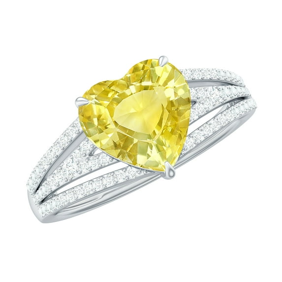 Rosec Jewels Heart Shape Created Yellow Sapphire Ring with Diamond (8 mm) - Split Shank Ring, 18K White Gold, US 7.50
