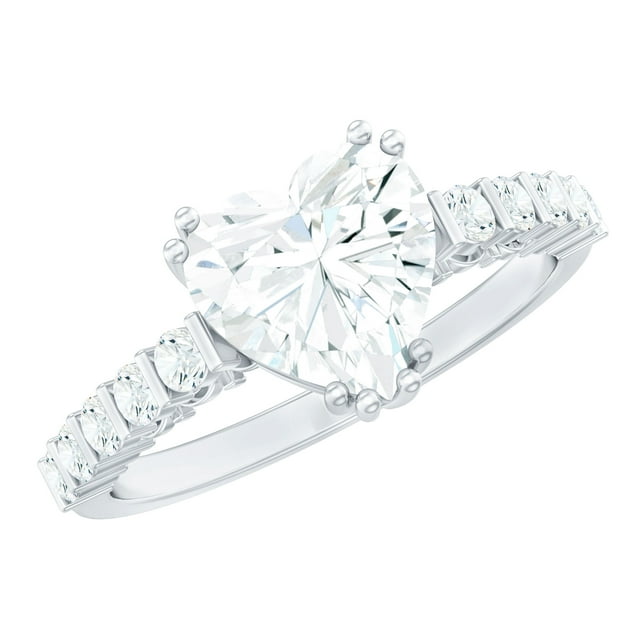 Rosec Jewels Heart Shape Engagement Ring 2 Carat - D-VS1 Grade Moissanite Ring with Side Stones (8 mm), 925 Sterling Silver, US 11.00