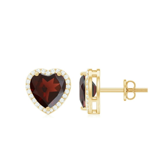 Rosec Jewels Heart Shape Garnet Stud Earrings with Diamond Halo - 8 mm - AAA Grade, 14K Yellow Gold