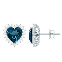 Rosec Jewels Heart Shape London Blue Topaz Stud Earrings with Diamond Halo (7 mm), 925 Sterling Silver