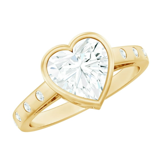 Rosec Jewels Moissanite Heart Engagement Ring 2 Carat - Solitaire Moissanite Bezel Set Ring for Women (8 mm, D-VS1 Quality), 18K Yellow Gold, US 7.00