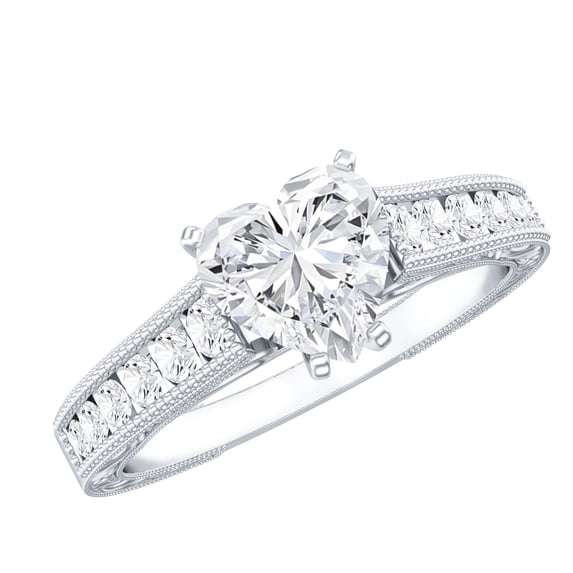 Rosec Jewels Moissanite Heart Shaped Engagement Ring with Side Stones - 7 mm - D-VS1 Quality Certified - with Jewelry Box, 18K White Gold, US 3.50