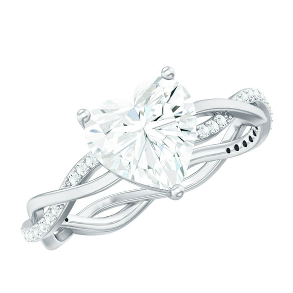 Rosec Jewels Certified Moissanite Heart Engagement Ring 2 Carat - Braided Ring for Women - 8 mm - D-VS1 Quality, 14K White Gold, US 11.00