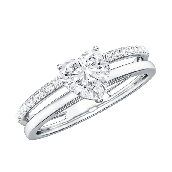 Rosec Jewels Moissanite Heart Engagement Ring 1 Ct - Double Band Ring - 7 mm - D-VS1 Quality Certified, 14K White Gold, US 12.50