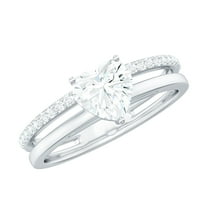Rosec Jewels Heart Shape Moissanite Solitaire Engagement Double Band Ring (7 mm, D-VS1 Quality), 925 Sterling Silver, US 4.00