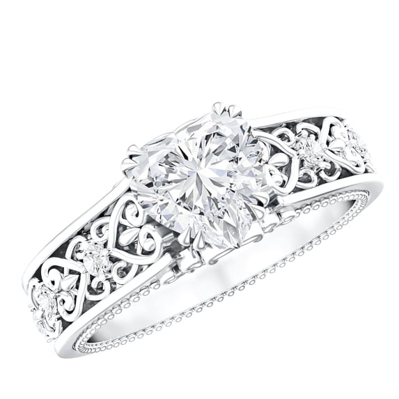 Rosec Jewels Heart Shape Moissanite Solitaire Engagement Ring 1 Carat, 7 mm, D-VS1 Quality Certified - Vintage Style Ring for Women, 18K White Gold, US 9.00