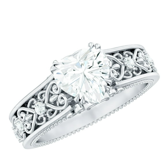 Rosec Jewels Heart Shape Moissanite Solitaire Engagement Ring 1 Carat, 7 mm, D-VS1 Quality Certified - Vintage Style Ring for Women, 925 Sterling Silver, US 4.00