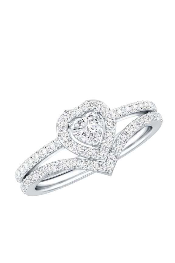 Moissanite Heart Shaped Wedding Ring Set 925 Silver | Moissanite Engagement Ring Set with V Shape Band - Ready to Gift, US 8.50