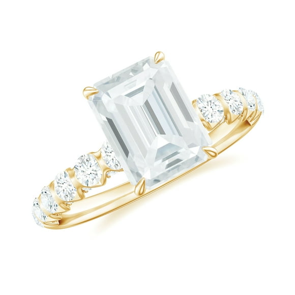 Rosec Jewels High Set Engagement Ring with Emerald Cut Moissanite - 6X8 MM, 2 Ct, D-VS1 Grade, 10K Yellow Gold, US 13.00