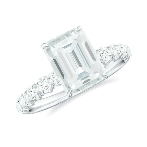 Rosec Jewels High Set Engagement Ring with Emerald Cut Moissanite - 6X8 MM, 2 Ct, D-VS1 Grade, 14K White Gold, US 3.00