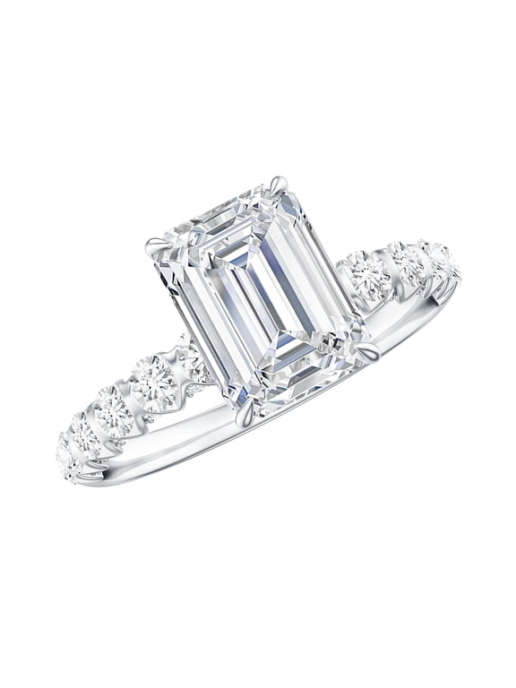 High Set Engagement Ring with Emerald Cut Moissanite - 6X8 MM, 2 Ct, D-VS1 Grade, 925 Sterling Silver, US 6.00