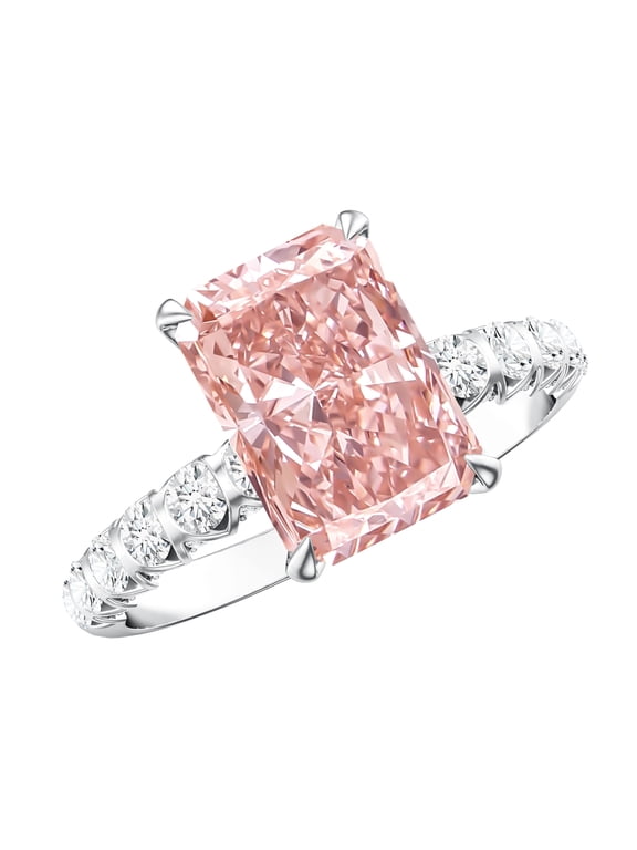 IGI 3 Ct Radiant Cut Lab Grown Pink Diamond Engagement Ring with Side Stones - VS1 Grade, 925 Sterling Silver, US 4.00