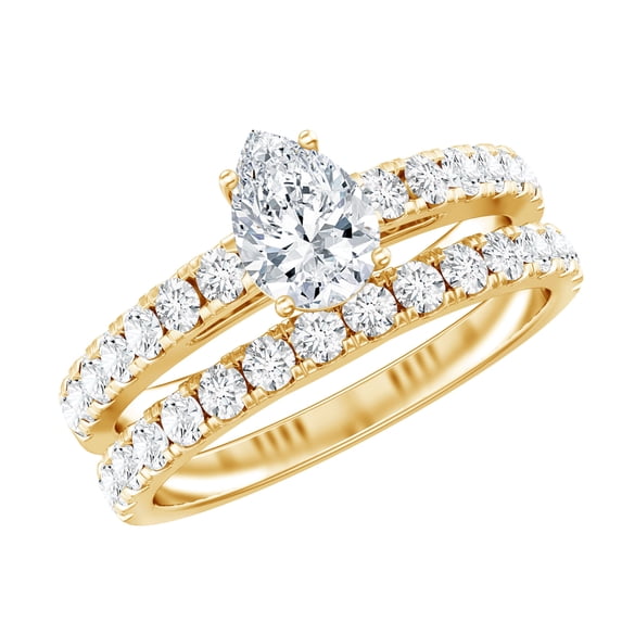 Rosec Jewels IGI Certified 1 Ct Lab Grown Pear Shape Diamond Engagement Ring with Band (E-VS1 Grade), 14K Yellow Gold, US 9.00