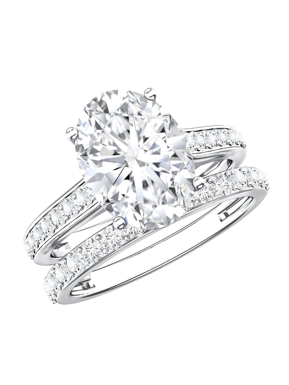 IGI Certified 3 Carat Lab Grown Diamond Oval Engagement Ring with Band - E-VS1 Quality, 925 Sterling Silver, US 4.00