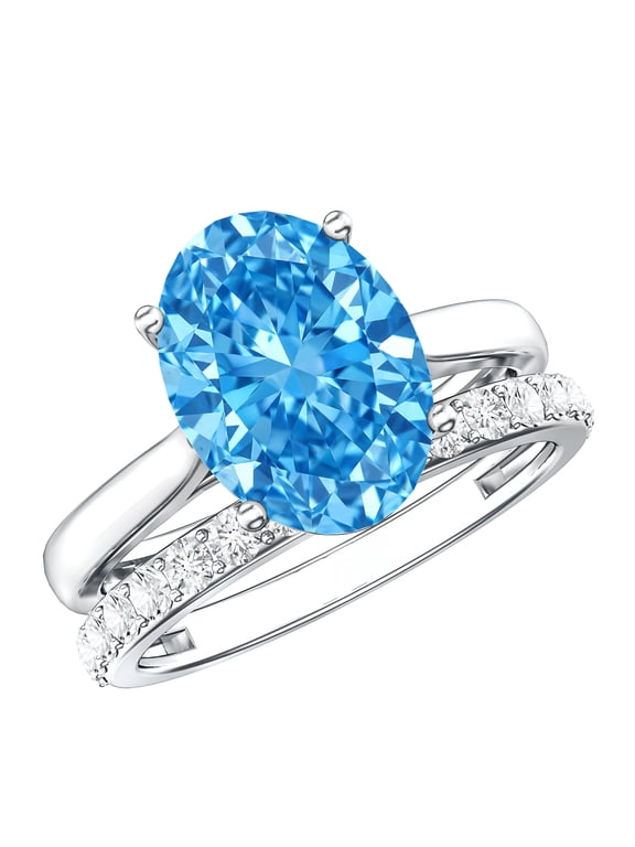 IGI Certified 3 Ct Lab Grown Blue Diamond Wedding Ring Set - VS1 Grade - Engagement Ring with Band, 925 Sterling Silver, US 4.00