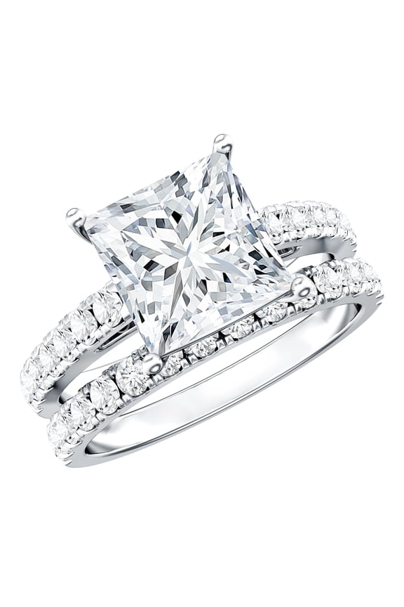 IGI Certified 4 Carat Lab Grown Princess Cut Diamond Engagement Ring with Enhancer - Wedding Ring Set - E-VS1 Grade, 14K White Gold, US 10.00