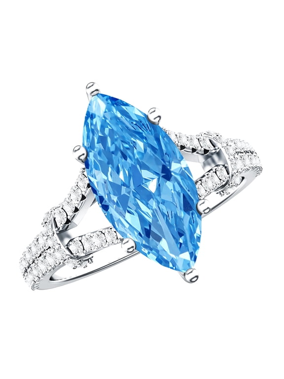 IGI Certified Lab Grown Blue Diamond 3 Carat Engagement Ring - VS1 Quality - Marquise Blue Diamond Ring with Split Shank, 18K White Gold, US 10.00
