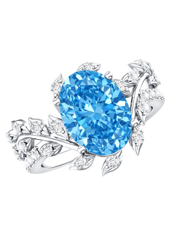 IGI Certified Lab Grown Blue Diamond 3 Ct Engagement Ring - VS1 Grade - Blue and White Diamond Leaf Ring, 18K White Gold, US 12.00