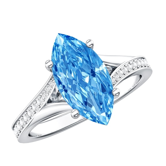 Rosec Jewels IGI Certified Lab Grown Blue Diamond Marquise Engagement Ring 2 Carat - Blue and White Diamond Ring with Split Shank, 925 Sterling Silver, US 4.00