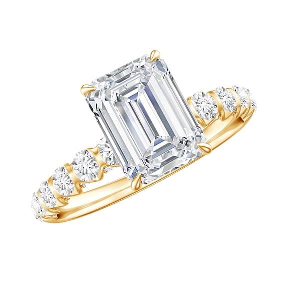 Rosec Jewels IGI Certified Lab Grown Diamond 2 Carat Engagement Ring - E-VS1 Quality - Emerald Cut Diamond Ring with Side Stones, 14K Yellow Gold, US 4.00