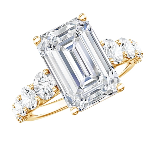 Rosec Jewels IGI Certified Lab Grown Diamond 4 Carat Engagement Ring with Side Stones (E-VS1 Grade) - Big Emerald Cut Diamond Ring, 10K Yellow Gold, US 7.50