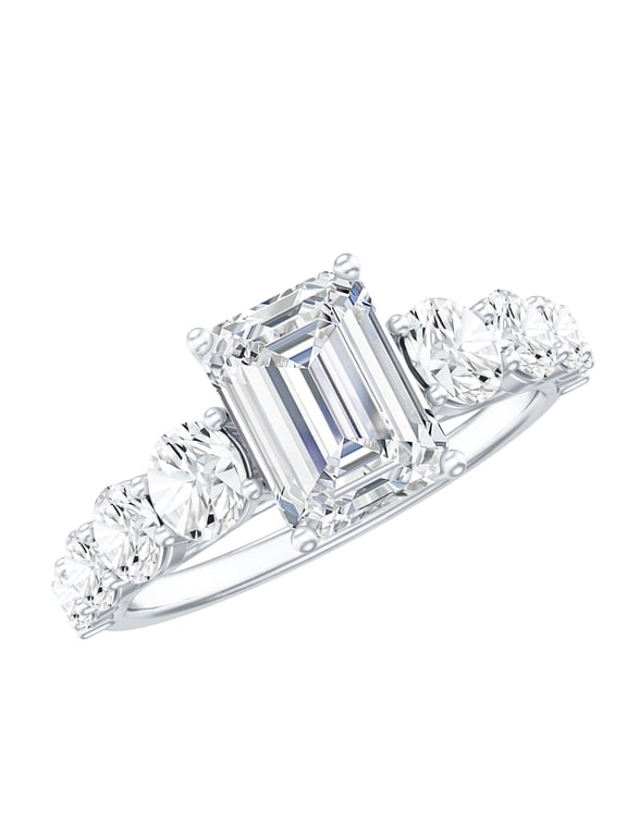 IGI Certified Lab Grown Diamond Emerald Cut Engagement Ring 2 Carat - E-VS1 Grade - Diamond Solitaire Ring Side Stones, 14K White Gold, US 7.50