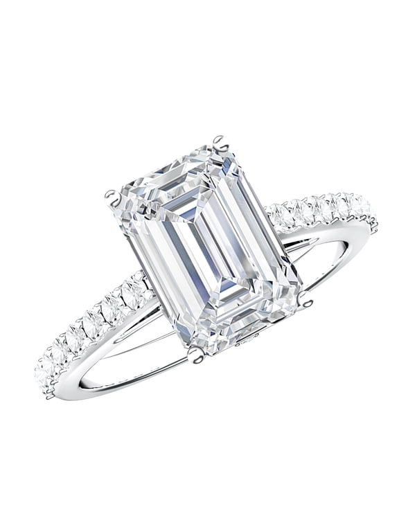IGI Certified Lab Grown Diamond Emerald Cut Engagement Ring 3 Carat (E-VS1 Quality) - Diamond Ring with Hidden Halo, 925 Sterling Silver, US 4.00