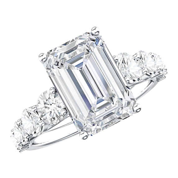 Rosec Jewels IGI Certified Lab Grown Diamond Engagement Ring (E-VS1 Grade) - 4 Carat Emerald Cut Diamond Ring with Side Stones, 10K White Gold, US 5.00