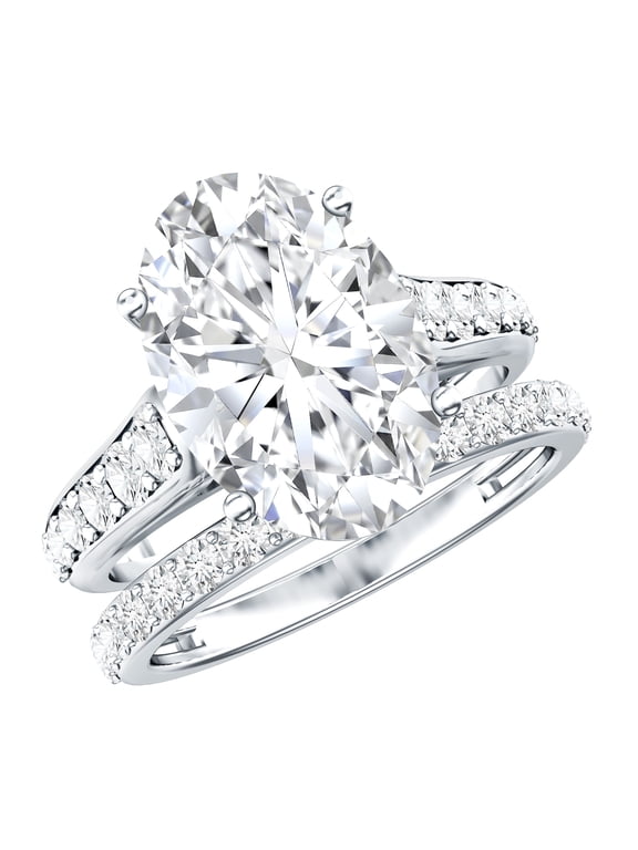 IGI Certified Lab Grown Diamond Oval Wedding Ring Set - 5 Carat Engagement Ring with Wedding Band - E-VS1 Quality, 925 Sterling Silver, US 4.00
