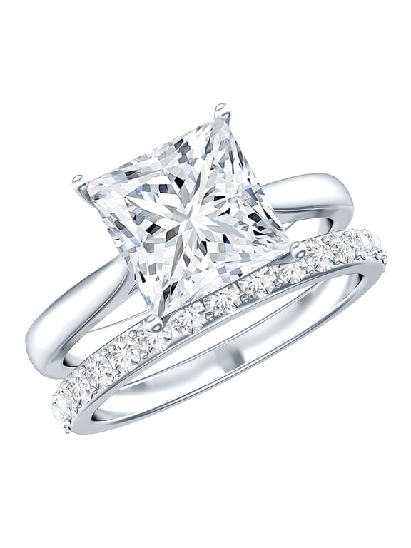 IGI Certified Lab Grown Diamond Wedding Ring Set - 3 Carat Princess Cut Engagement Ring with Band - E-VS1 Grade, 925 Sterling Silver, US 12.50