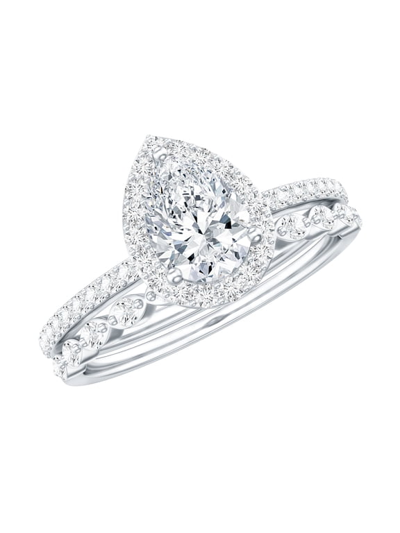 IGI Certified Lab Grown Diamond Wedding Ring Set - E-VS1 Quality - 1 Carat Pear Shaped Engagement Ring with Band, 925 Sterling Silver, US 4.00