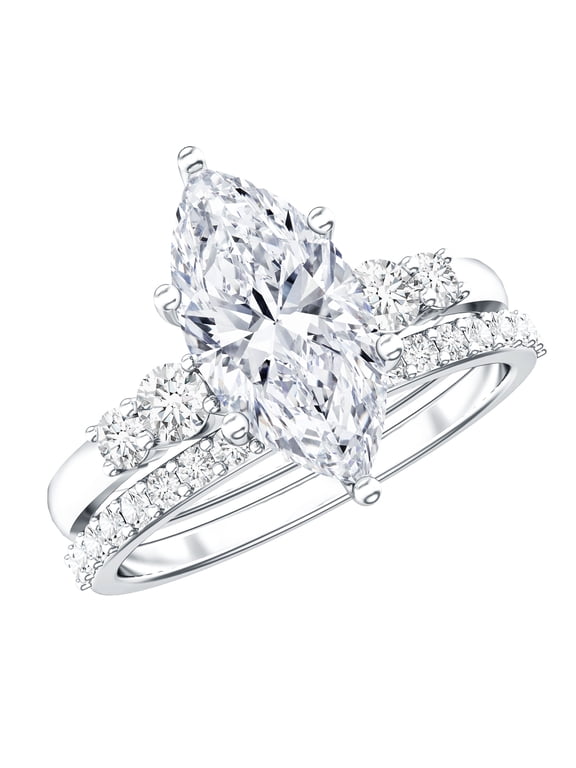 IGI Certified Lab Grown Diamond Wedding Ring Set for Women - E-VS1 Grade - 2 Carat Marquise Engagement Ring with Band, 925 Sterling Silver, US 4.00
