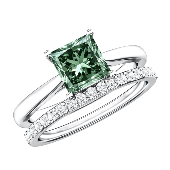 Rosec Jewels IGI Certified Lab Grown Green Diamond 2 Carat Engagement Ring with Band - Princess Cut Wedding Ring Set - VS1 Grade, 925 Sterling Silver, US 4.00